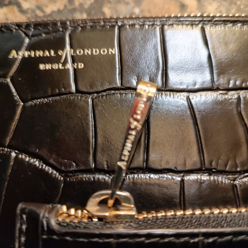 Black Croc-Embossed Leather Clutch With Coin Pouch...